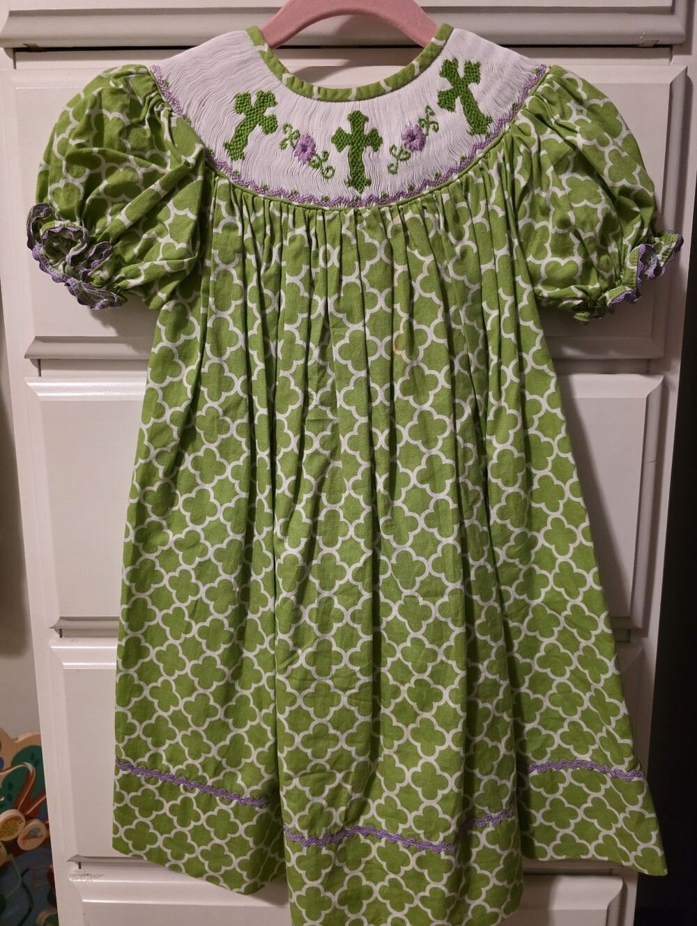 Smock Monkey Green Patterned Smocked Cross Dress with Lilac Trim